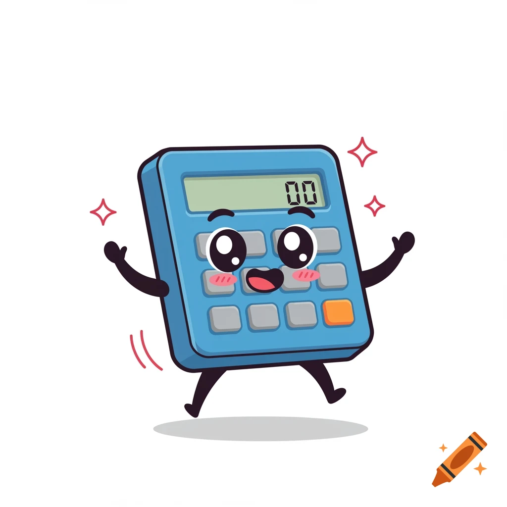 An adorable blue cartoon calculator mascot with large expressive eyes and a wide smile stands excitedly with sparkling stars around it.