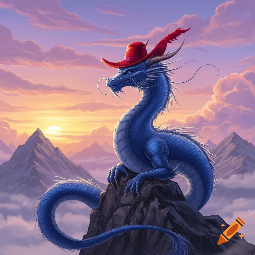 A blue dragon with a red hat perches on a rocky mountain peak at sunset, surrounded by clouds.