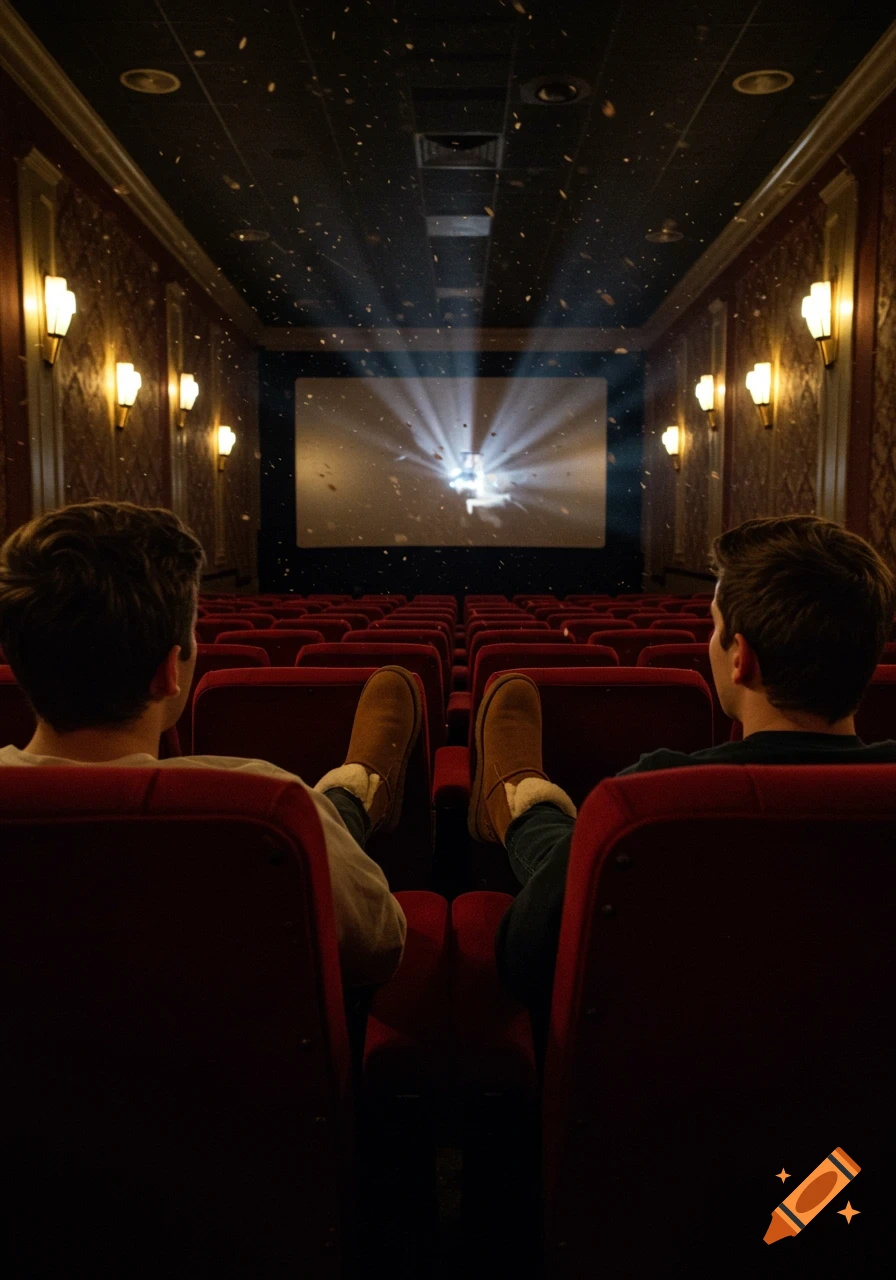 Two young men from behind in a movie theater with feet on seats, watching a screen with a projector beam.