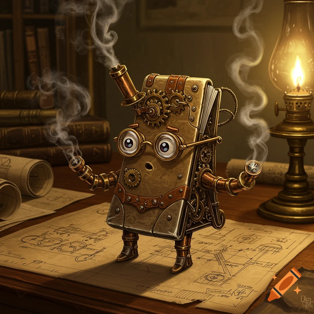 A steampunk-style book robot with gears, pipes, and expressive eyes stands on a desk with blueprints and a lit oil lamp.