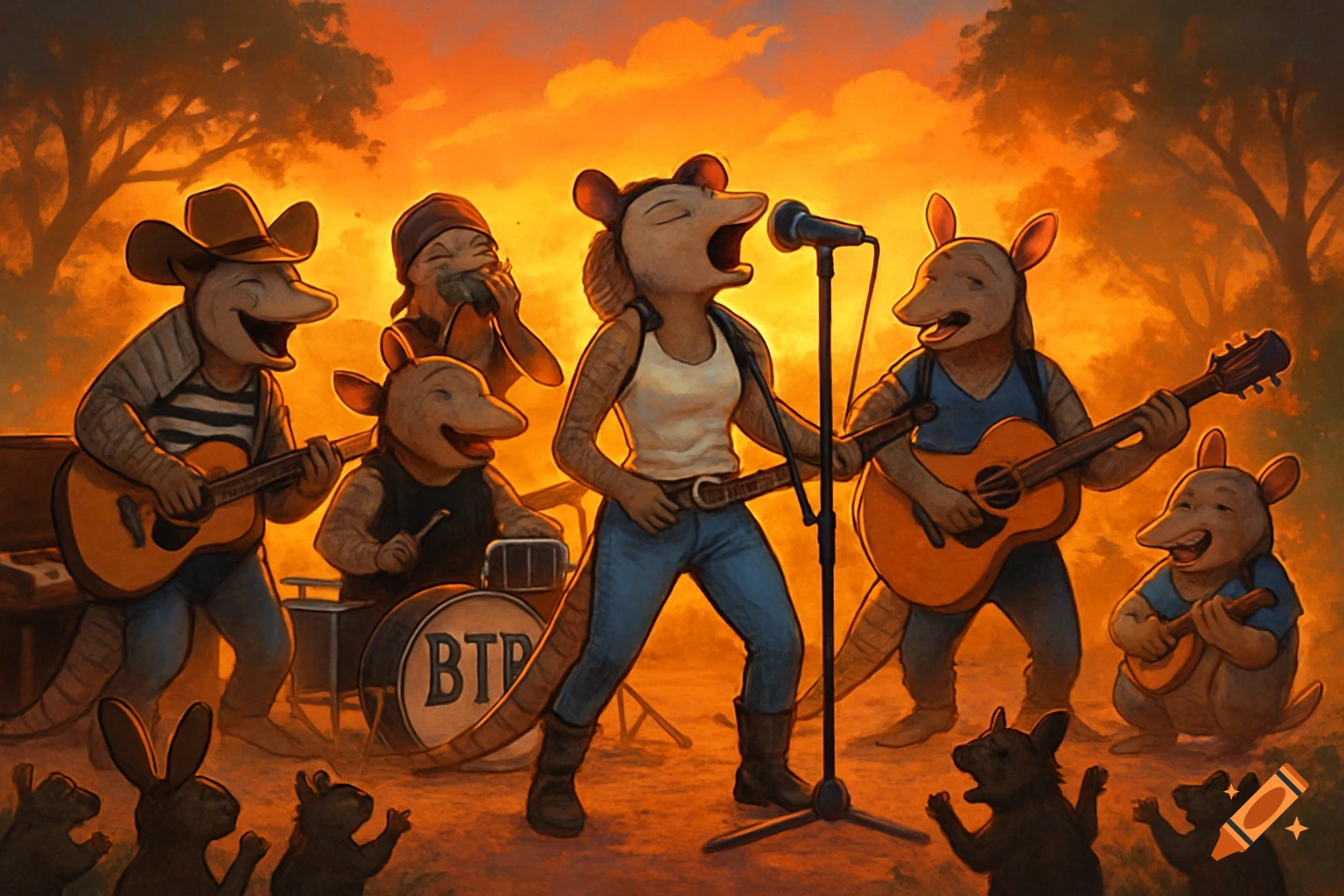 A band of anthropomorphic armadillos plays music by the roadside at sunset, with woodland creatures clapping along.