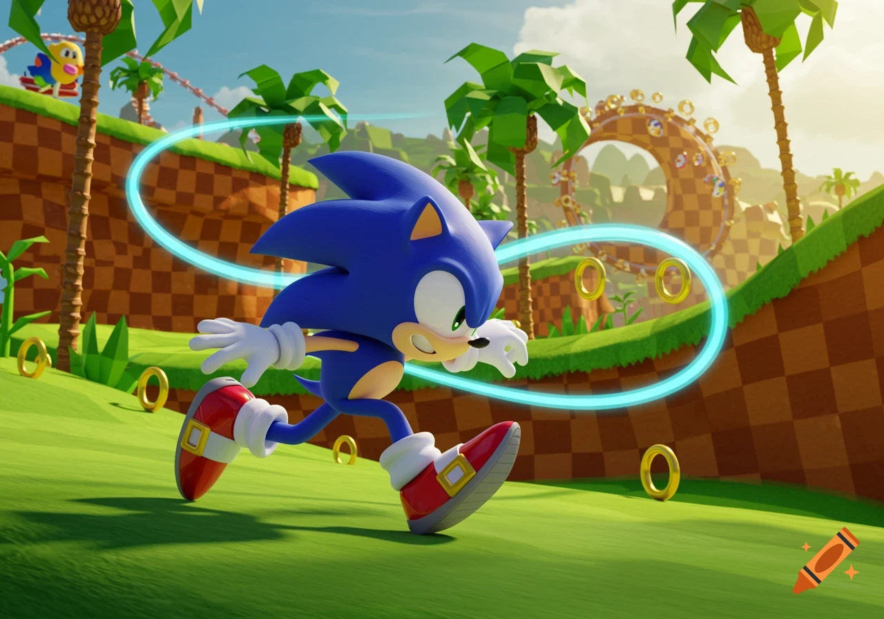 Sonic the Hedgehog runs across a green hill with golden rings and palm trees, leaving a blue speed trail.