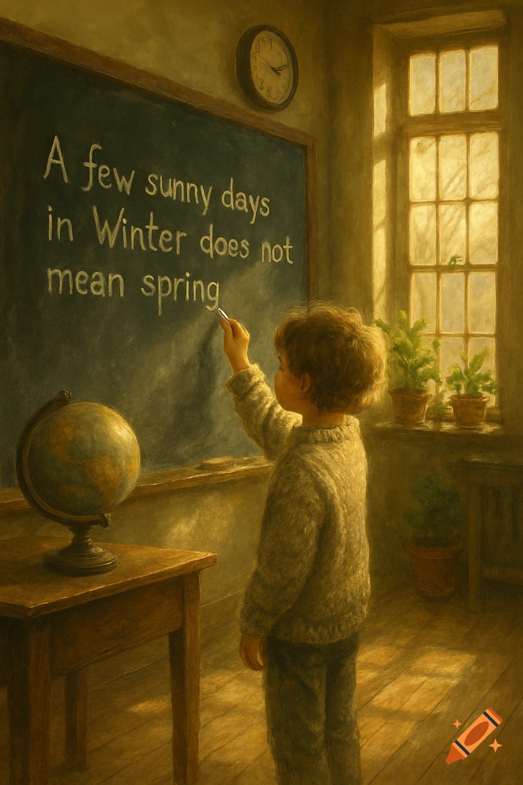 A young child writes on a blackboard in a sunlit classroom with a globe and potted plants, in a painterly style.