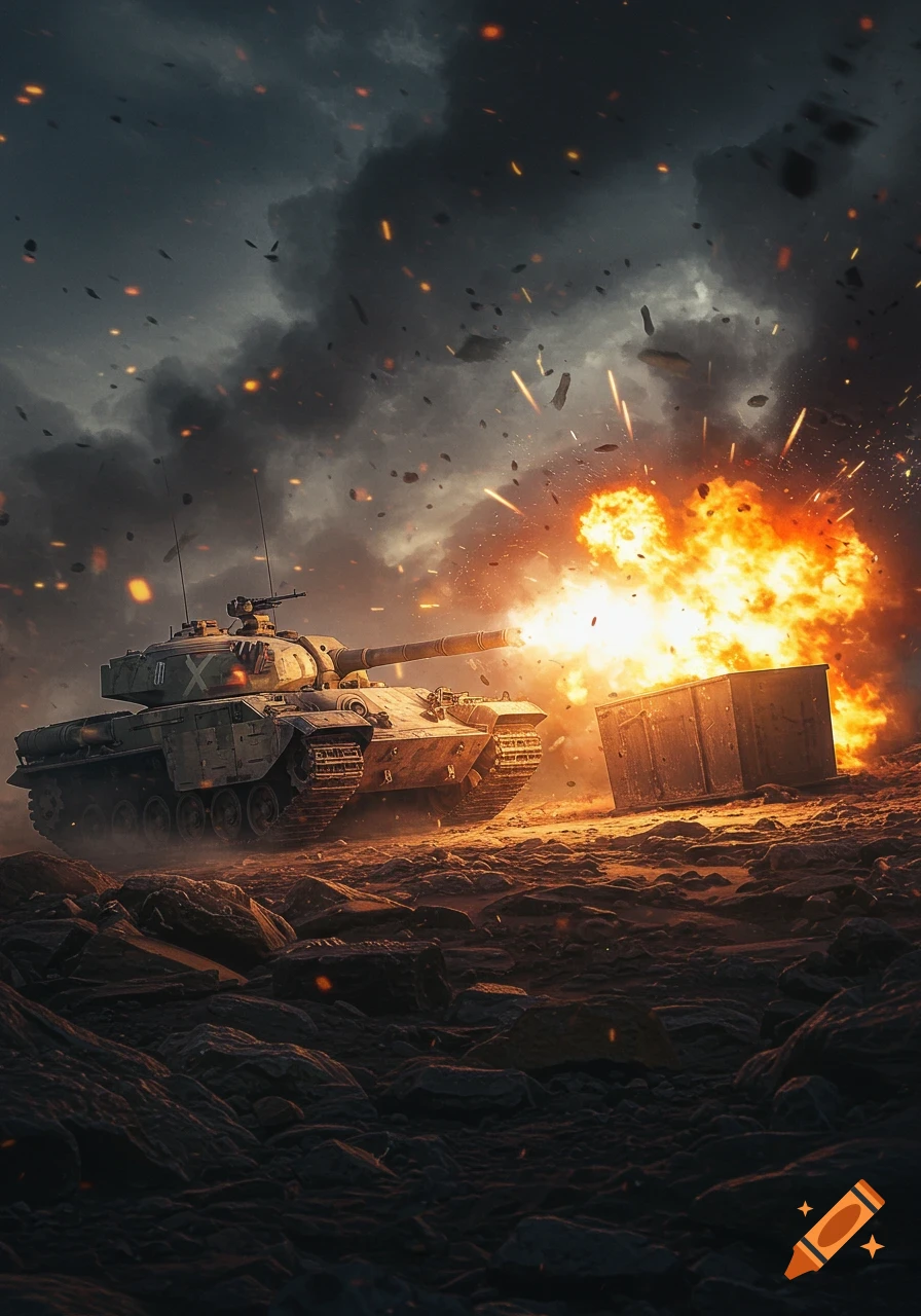 A military tank fires its cannon, creating a large explosion in a rocky, smoke-filled battlefield under a dark, stormy sky.