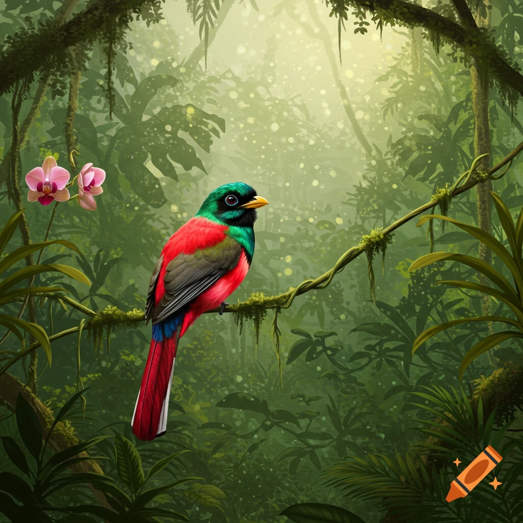 A colorful trogon bird with green, red, and black feathers perches on a vine in a lush, sun-dappled jungle, with pink orchids nearby.