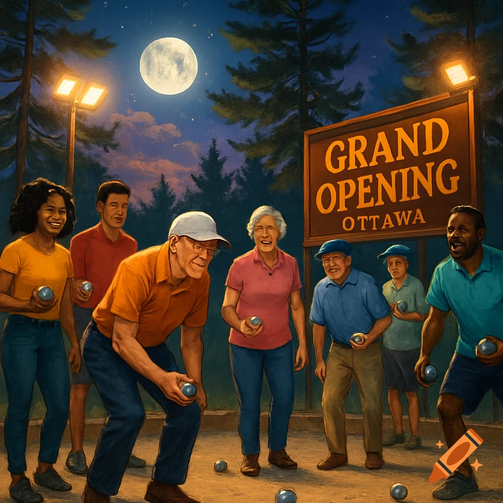 Diverse group playing pétanque at night under floodlights and moon, with 'Grand Opening Ottawa' sign, in a painterly style.