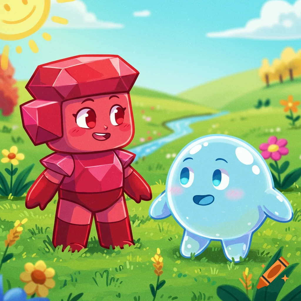 A cute red gem-like character and a blue blob-like character stand in a sunny green field with a stream and flowers, in a cartoon style.