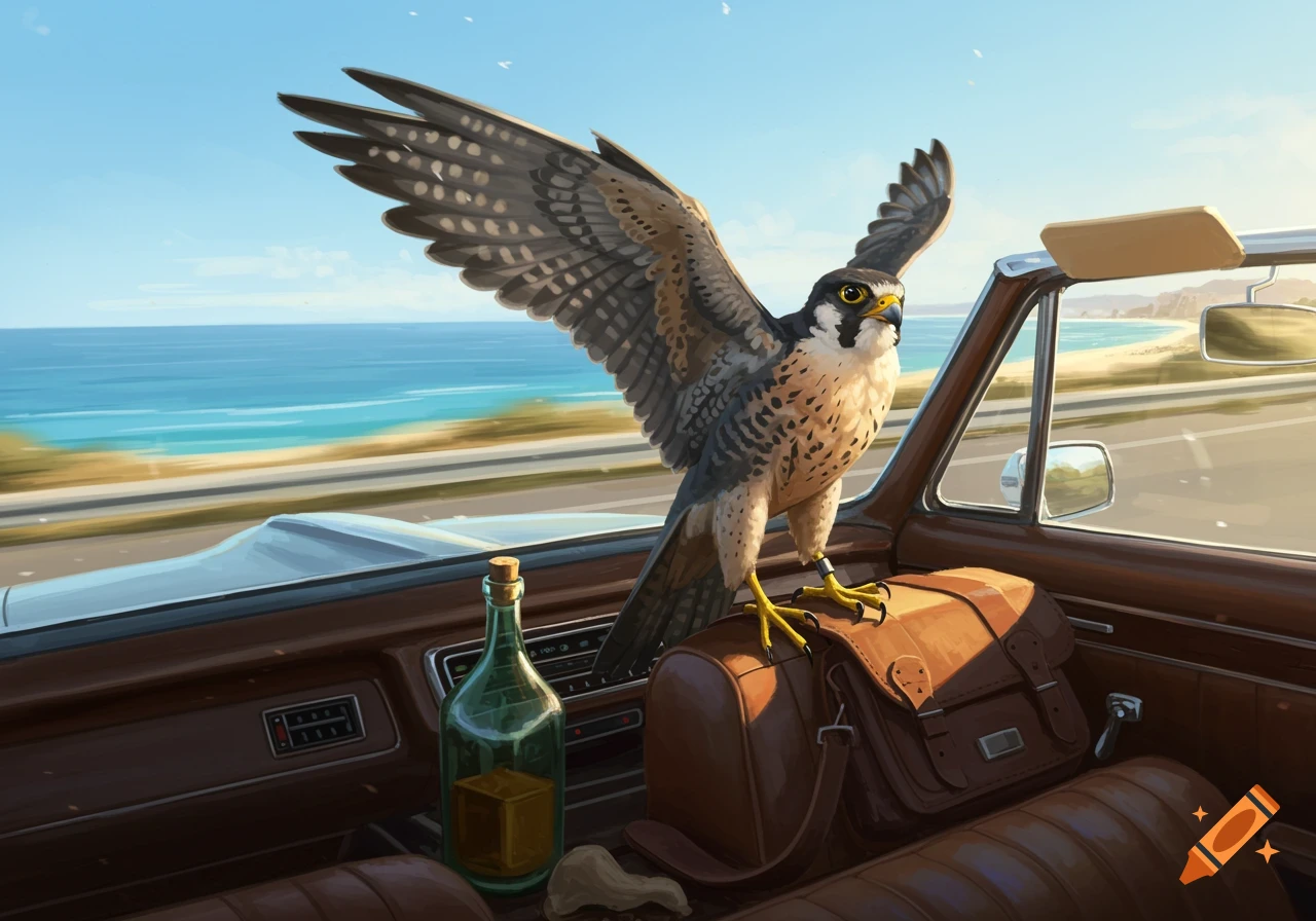 An illustrated falcon on a brown bag in a convertible car, wings spread, driving along a sunny coastal road next to the ocean.