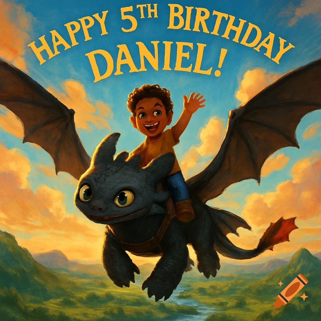 A smiling boy with brown skin and curly hair rides a black dragon named Toothless through a colorful sky, with the text 'Happy 5th Birthday Daniel!' written above.