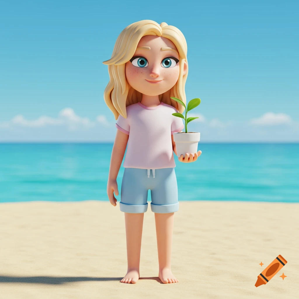 A Pixar-style 3D animated blonde girl stands on a sunny beach holding a small potted plant.