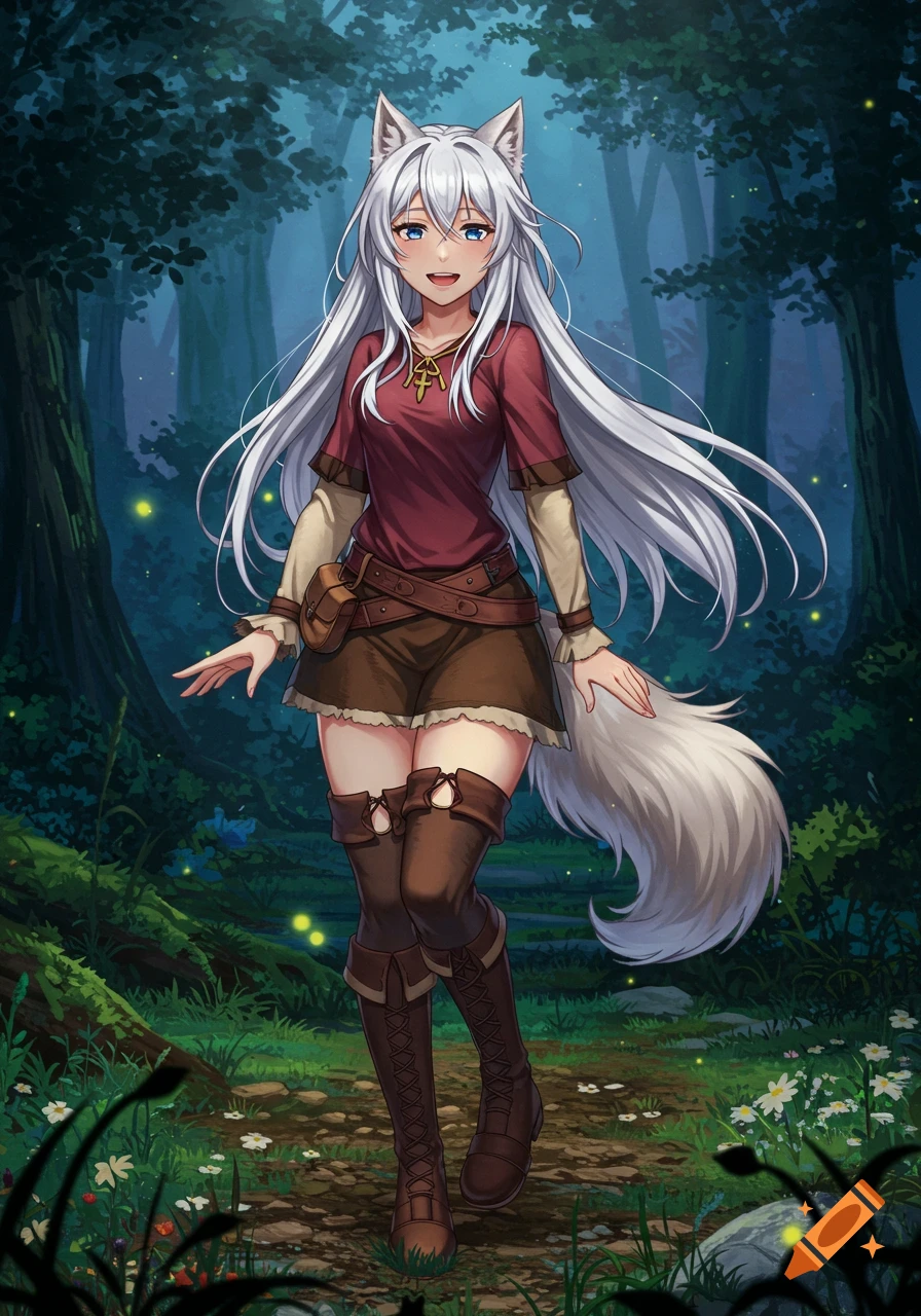 An anime girl with white hair, wolf ears, and a fluffy tail stands in a mystical forest with glowing fireflies.