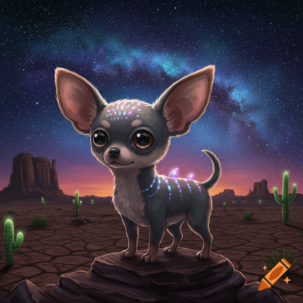 A cute, stylized chihuahua with glowing markings stands on rocks in a desert at night under a starry sky.