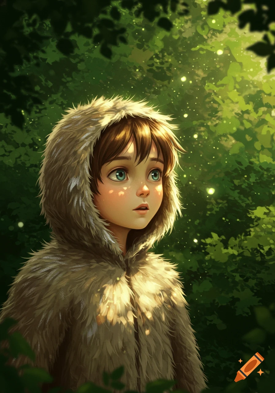 Digital illustration of a young boy in a brown furry hooded coat, looking up intently in a vibrant green forest with dappled light.