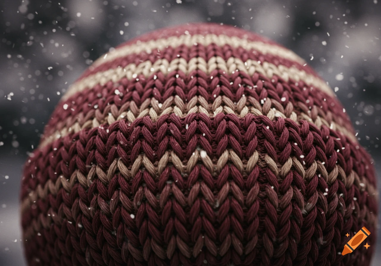 Close-up of a maroon and beige striped knitted beanie with snowflakes falling on it.