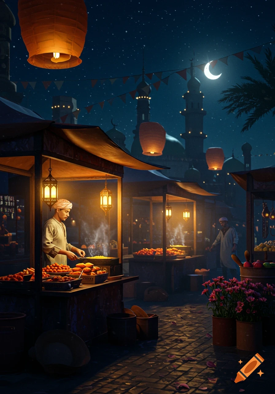 A bustling night market scene under a starry sky with a crescent moon. Lanterns illuminate food stalls where vendors prepare dishes.