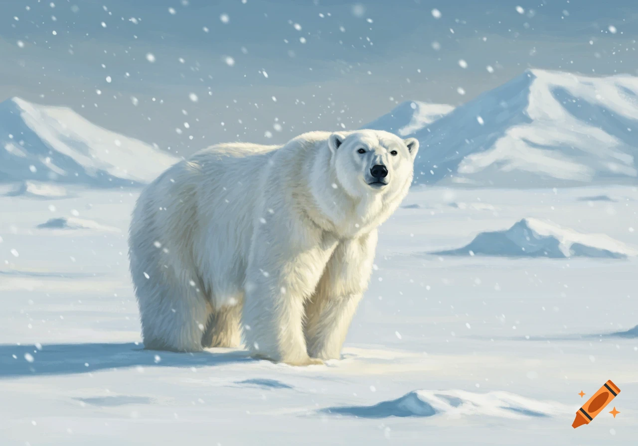 A digital painting of a polar bear standing in a snowy landscape with mountains in the background and falling snow.