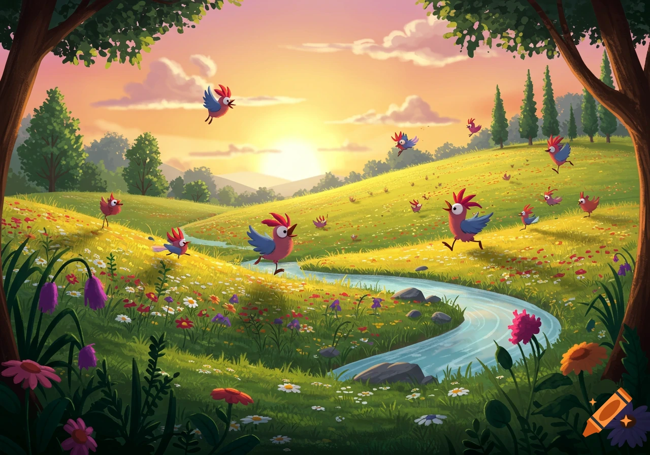 A vibrant cartoon illustration of a sunny meadow with a stream, colorful flowers, and numerous happy, stylized birds.