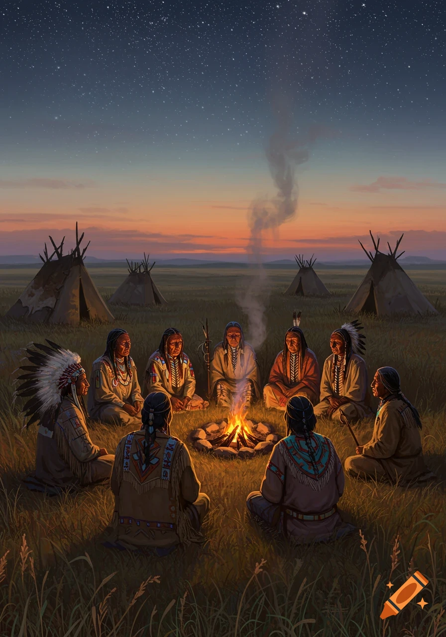Native American individuals in traditional attire sit in a circle around a campfire on a grassy plain at sunset with tipis.