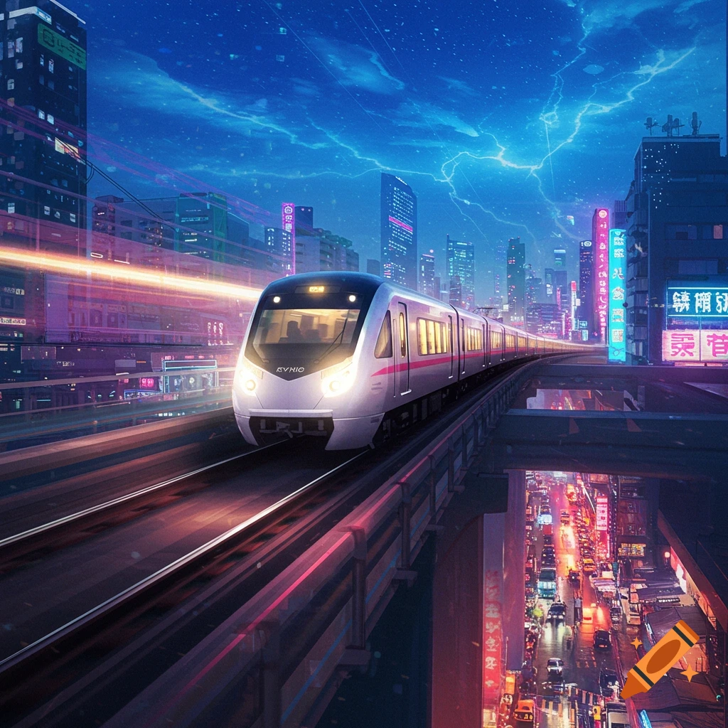 A futuristic white train on an elevated track speeds through a neon-lit cityscape at night under a blue, stormy sky.