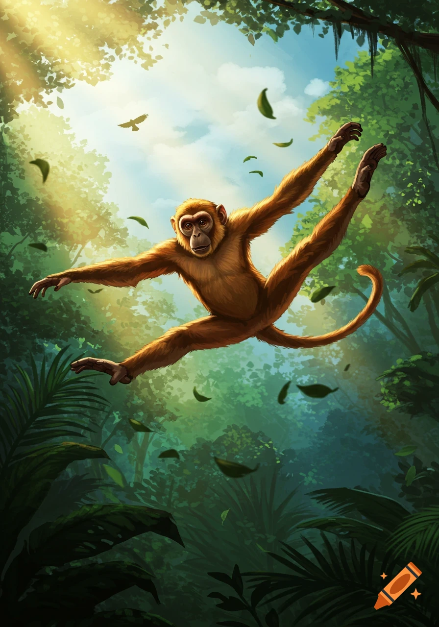 A brown monkey jumps with arms and legs outstretched in a split-kick pose amidst falling leaves in a sunny jungle.