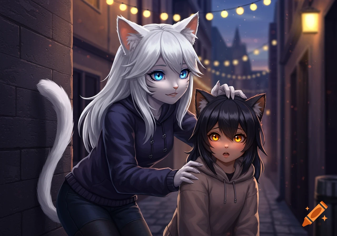An anime-style white-haired cat girl with blue eyes gently pats the head of a shorter black-haired cat girl with orange eyes in a dimly lit alley at night.