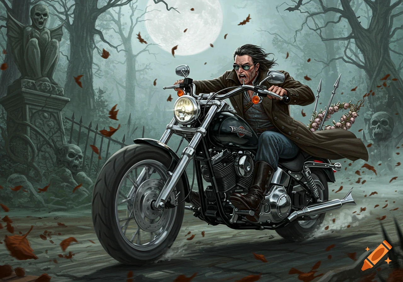 A stylized illustration of a grim vampire hunter on a Harley Davidson motorcycle, riding through a spooky, moonlit graveyard with skulls and bare trees.
