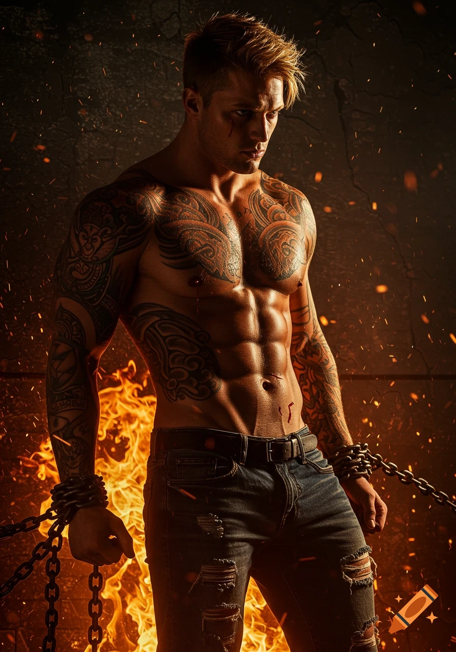 Photorealistic image of a muscular man with blonde hair and full body tattoos, chained, standing in front of a fiery background.