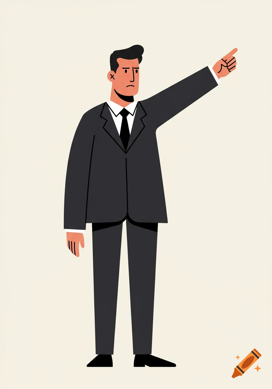 Minimalist flat vector illustration of a man in a black suit pointing to the right, with a serious expression.