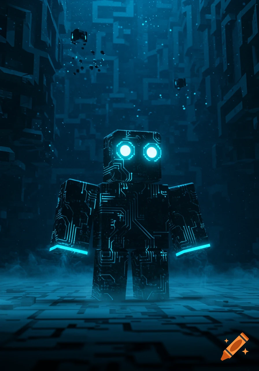 A dark, blocky robot with glowing blue circuit patterns and eyes stands in a dark, glowing blue digital environment.