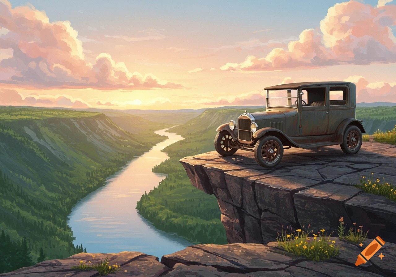 A vintage Model T Ford sits on a cliff overlooking a winding river valley at sunset in a scenic digital painting.