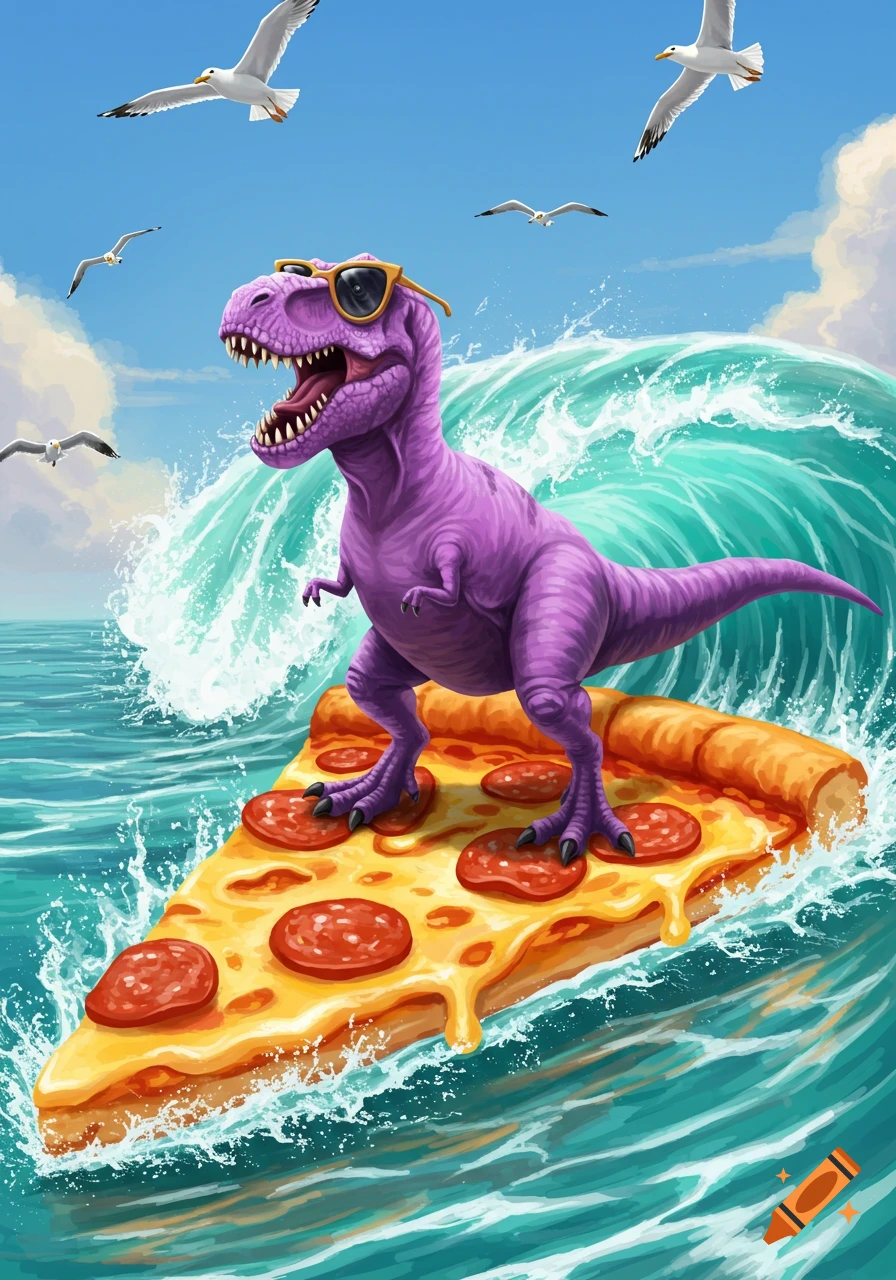 A vibrant purple T-Rex wearing sunglasses surfs a large slice of pepperoni pizza on a blue ocean wave, with seagulls flying in the sky.