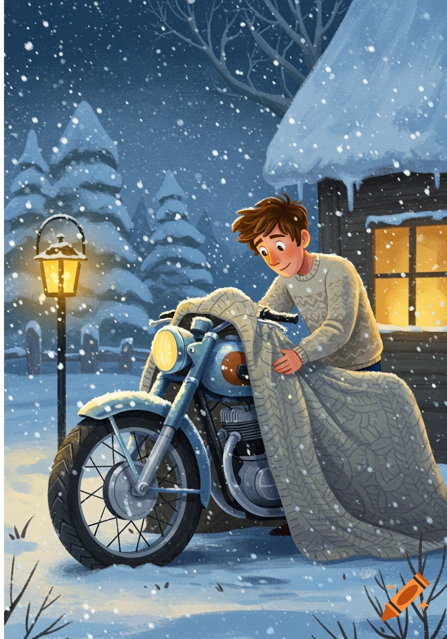 An illustration of a boy tucking a blue motorcycle under a knitted blanket in a snowy winter scene with a glowing lantern and a cabin.