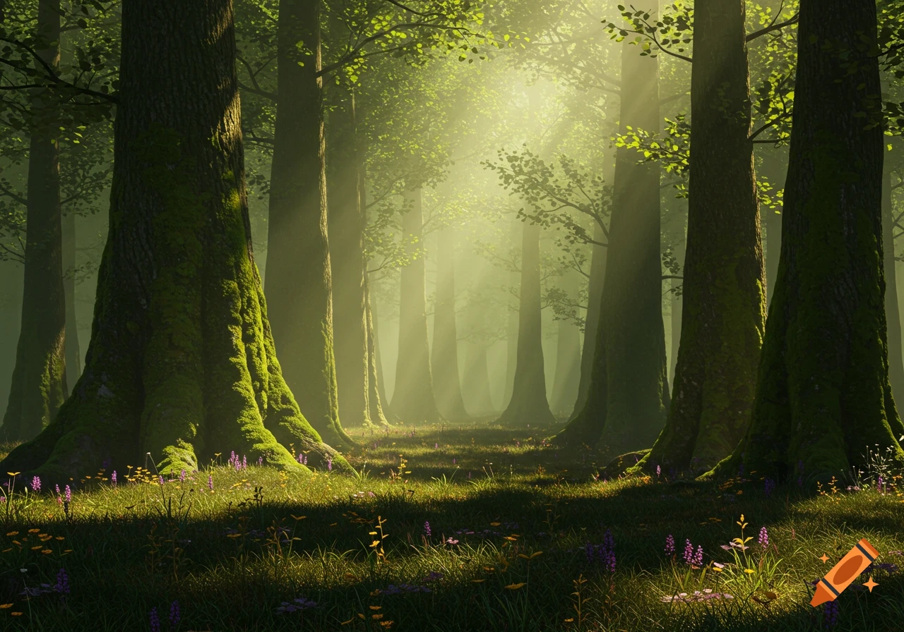 Sunbeams illuminate a lush forest clearing with tall, moss-covered trees and purple wildflowers.