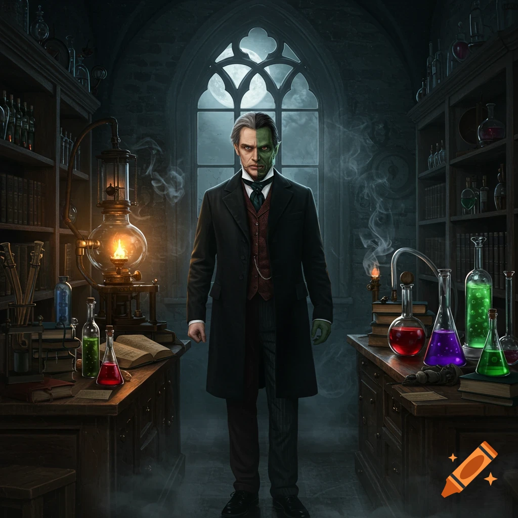 A photorealistic image of a man with a split face, half normal, half green, standing in a dark, gothic laboratory.