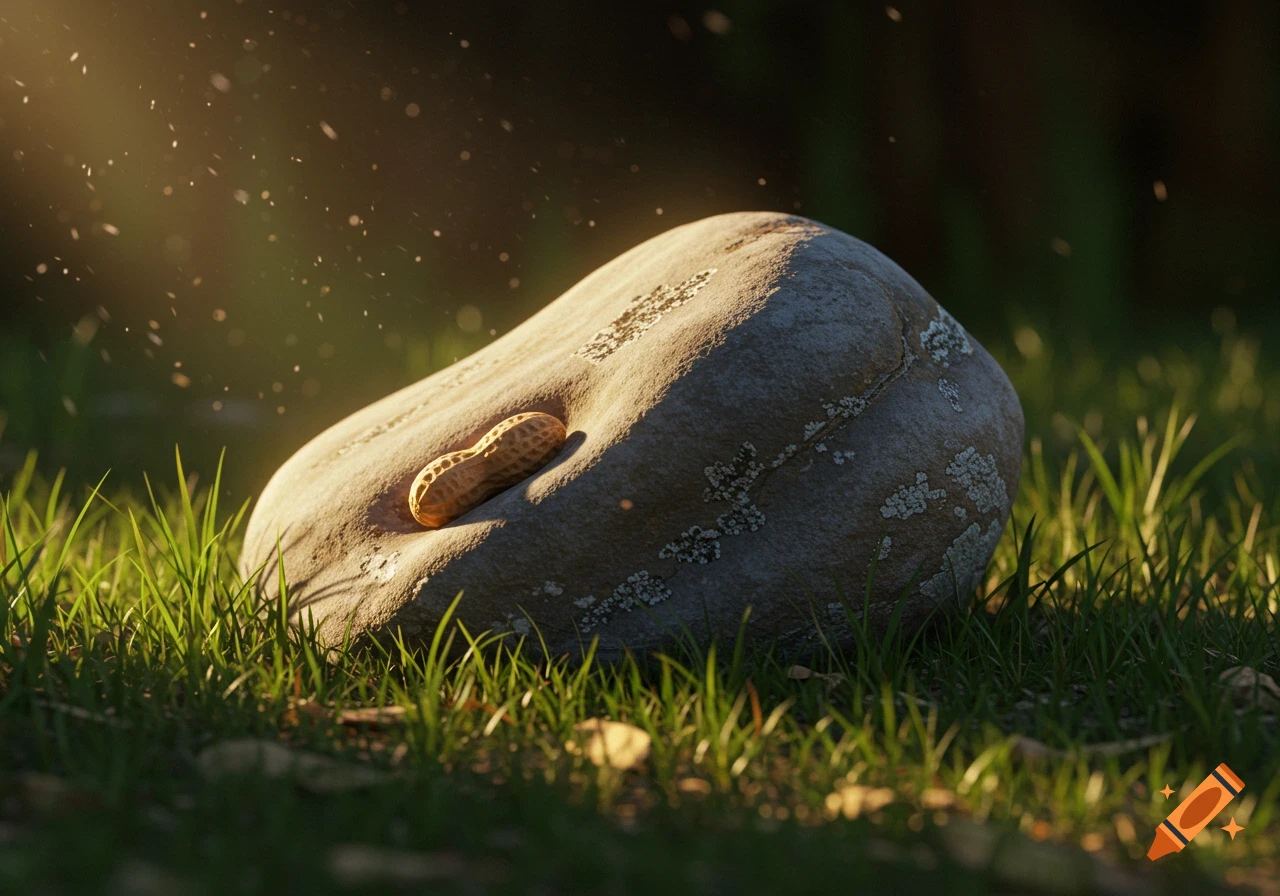 A single peanut rests in a crevice of a grey rock, surrounded by green grass, illuminated by sunlight.