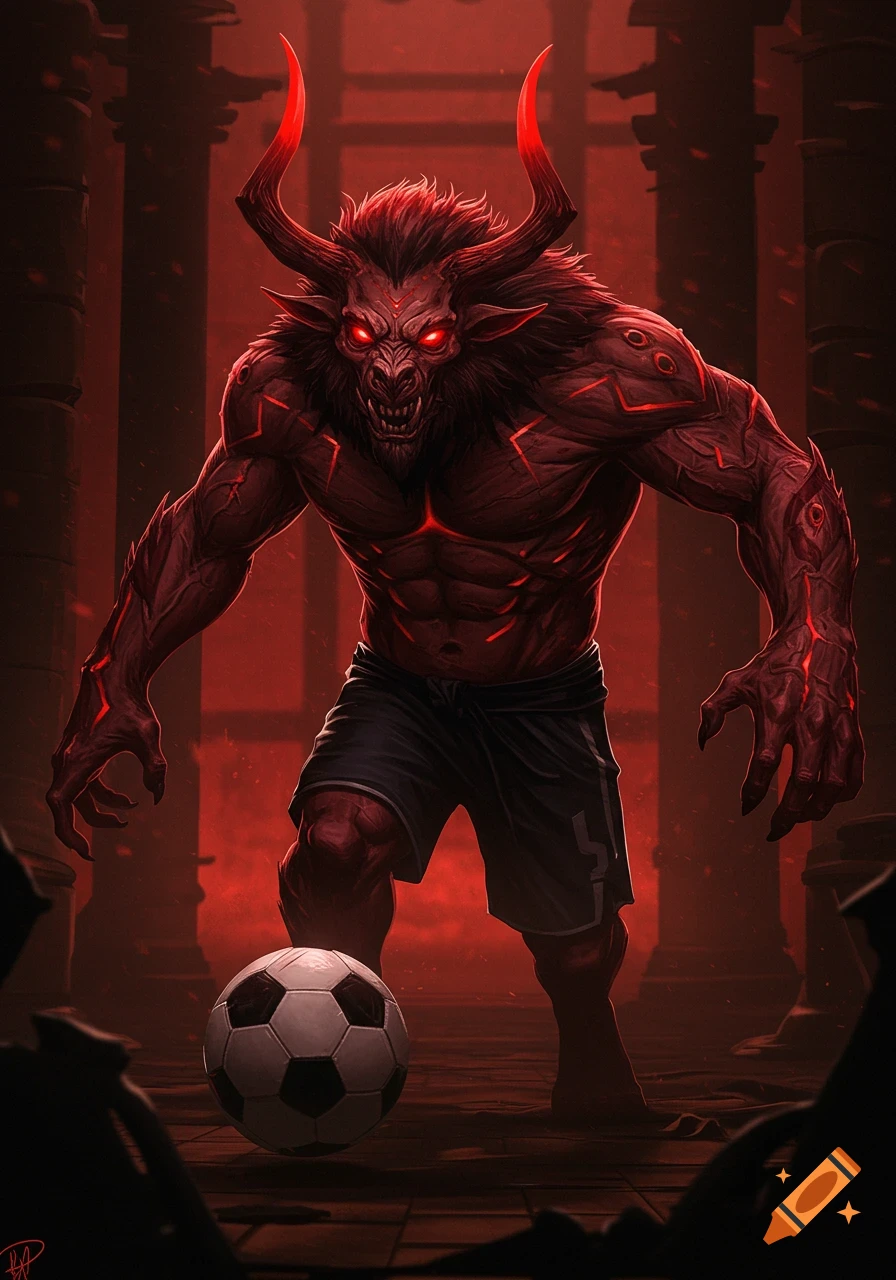 A hulking red monster with horns and glowing red eyes stands over a soccer ball in a dark, ruined dojo. He wears black shorts and has glowing red markings across his body.