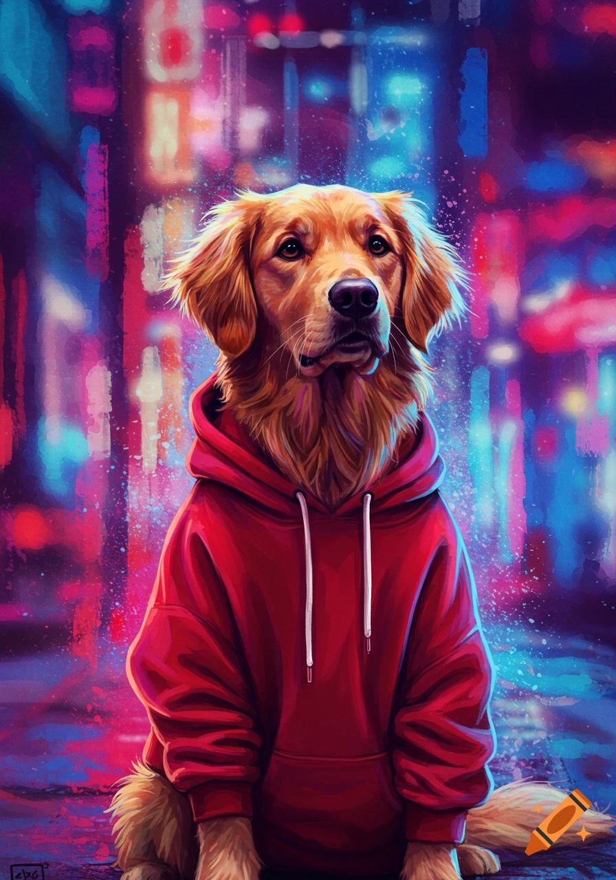 A golden retriever wearing a red hoodie sits against a vibrant, blurry background of blue and pink neon city lights, in an illustrated style.