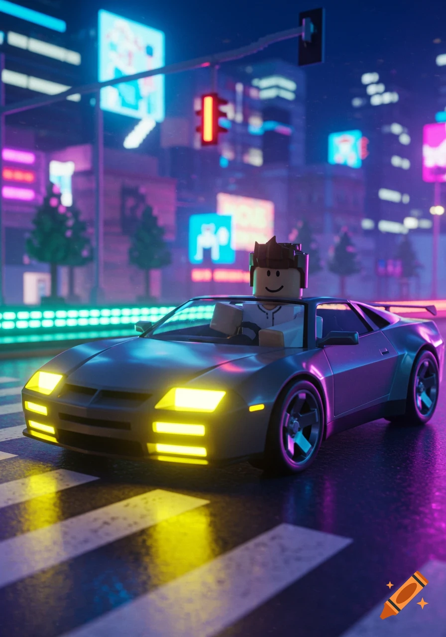 Roblox character driving a car on a neon-lit city street at night.