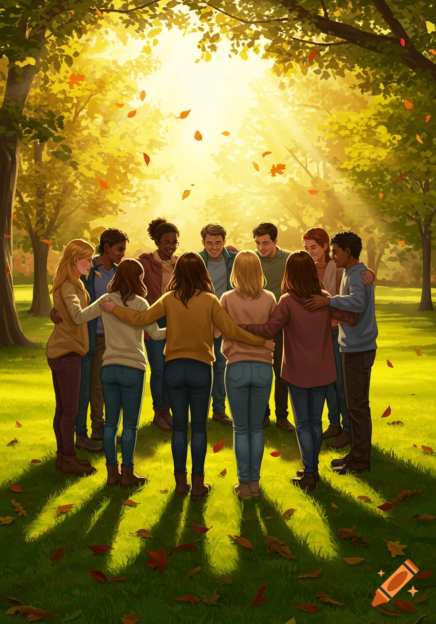 A diverse group of friends stands in a circle embracing each other in a sunny autumn park with falling leaves.