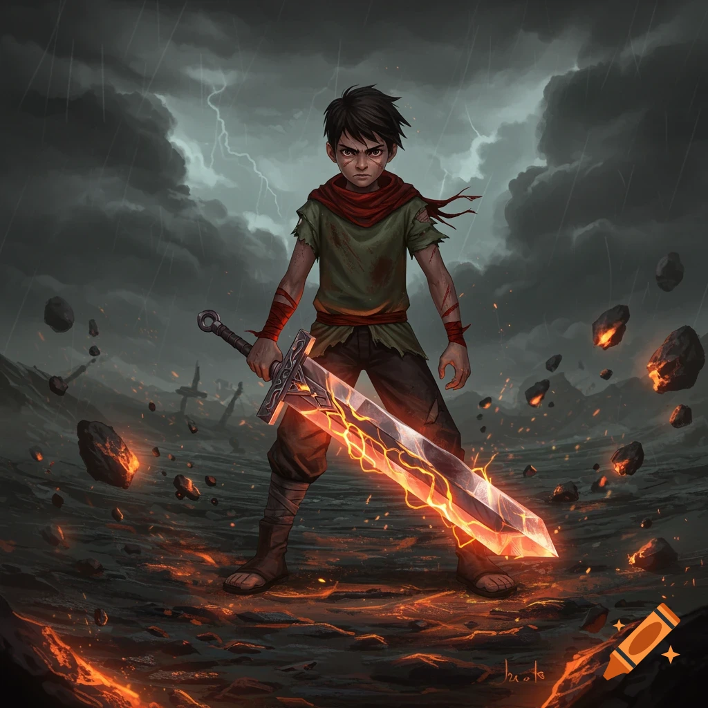 A determined boy with scars holds a glowing sword on a fiery, stormy battlefield under lightning-filled skies, digital art.