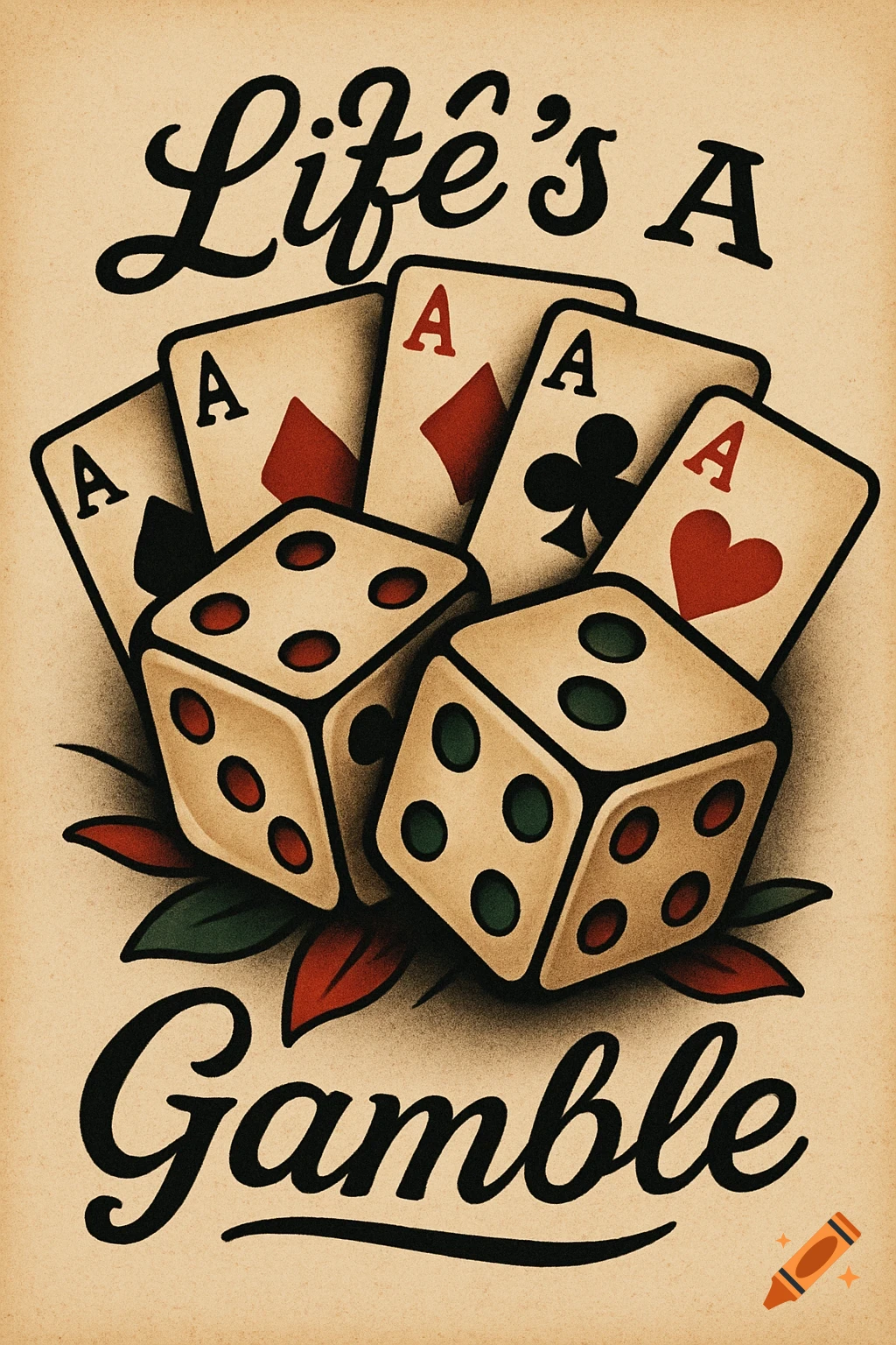 American traditional tattoo style illustration of two dice and four aces of playing cards, with the text "Life's A Gamble" above and below.