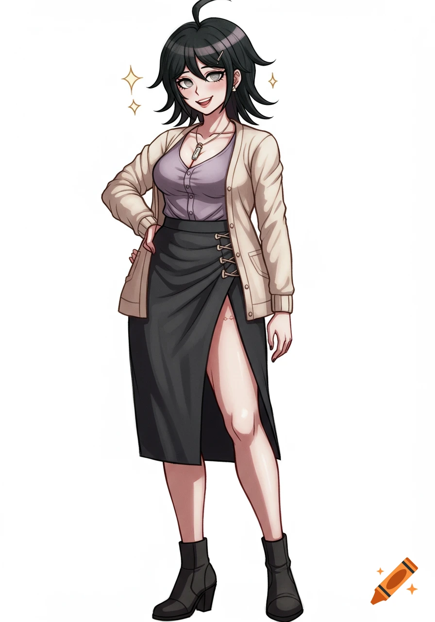 A confident anime woman with black hair and a cream cardigan over a lavender blouse, a charcoal slit skirt, and ankle boots.