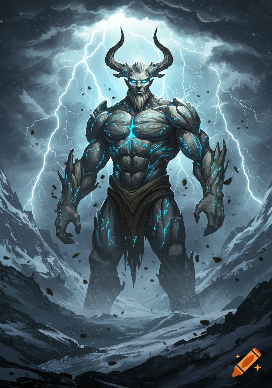 A towering horned creature made of stone and ice, with glowing blue runes, stands in a snowy mountain range amidst a lightning storm.