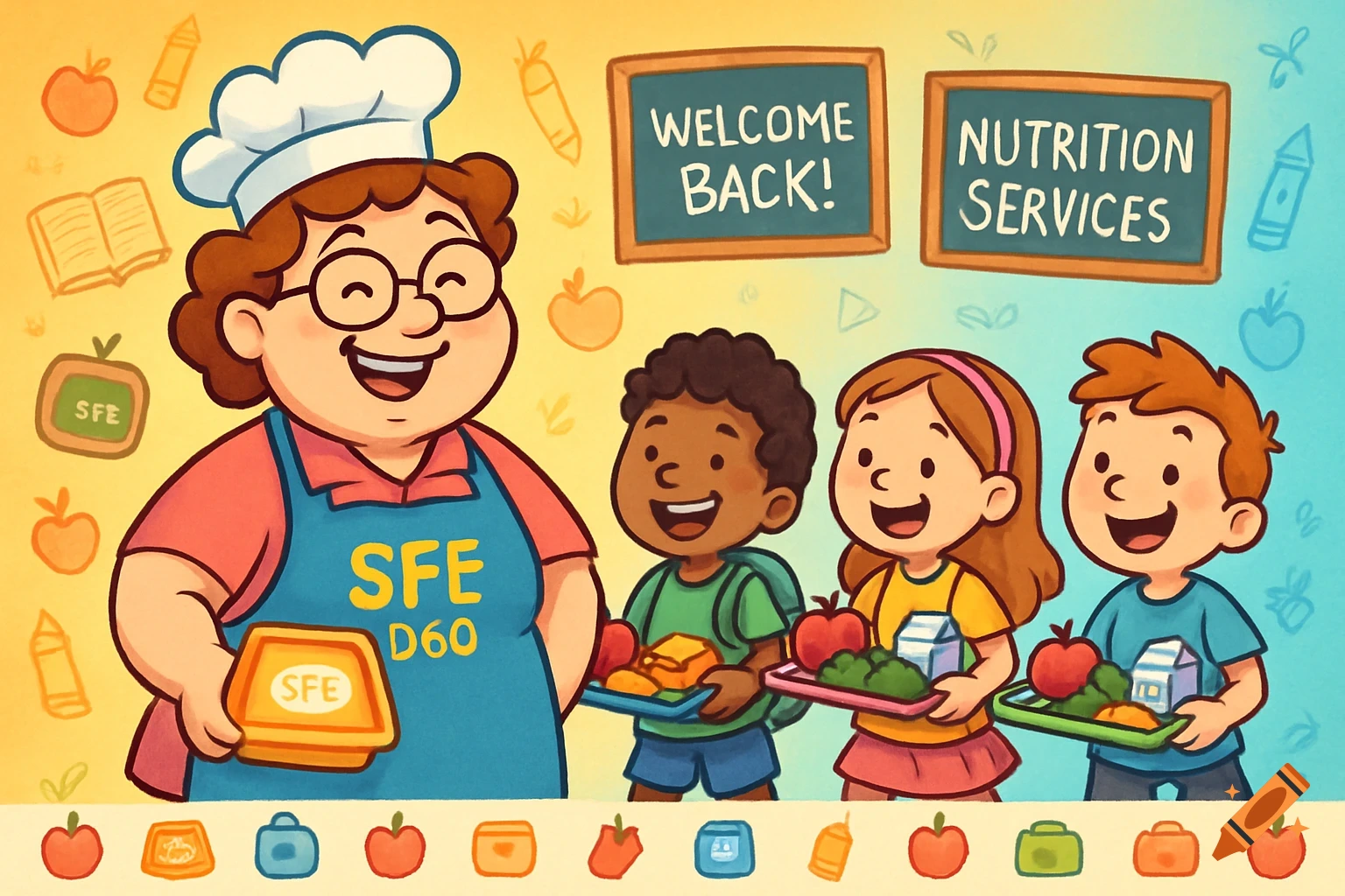 A friendly cartoon lunch lady in an "SFE D60" apron smiles with three happy children holding lunch trays. "Welcome Back!" and "Nutrition Services" chalkboards are in the background.