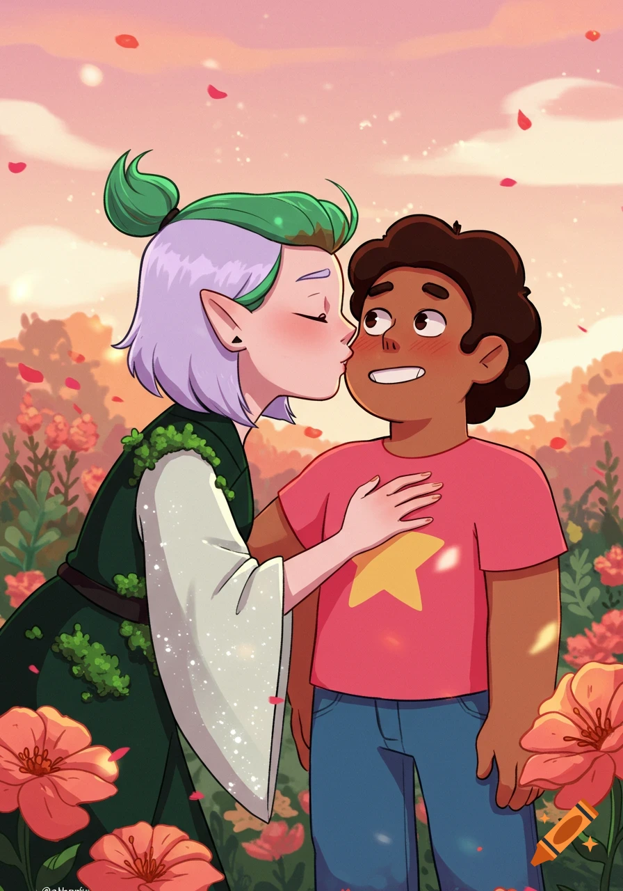 Amity Blight, an elf, kisses a blushing Steven Universe on the cheek amidst a field of flowers in a cartoon style.