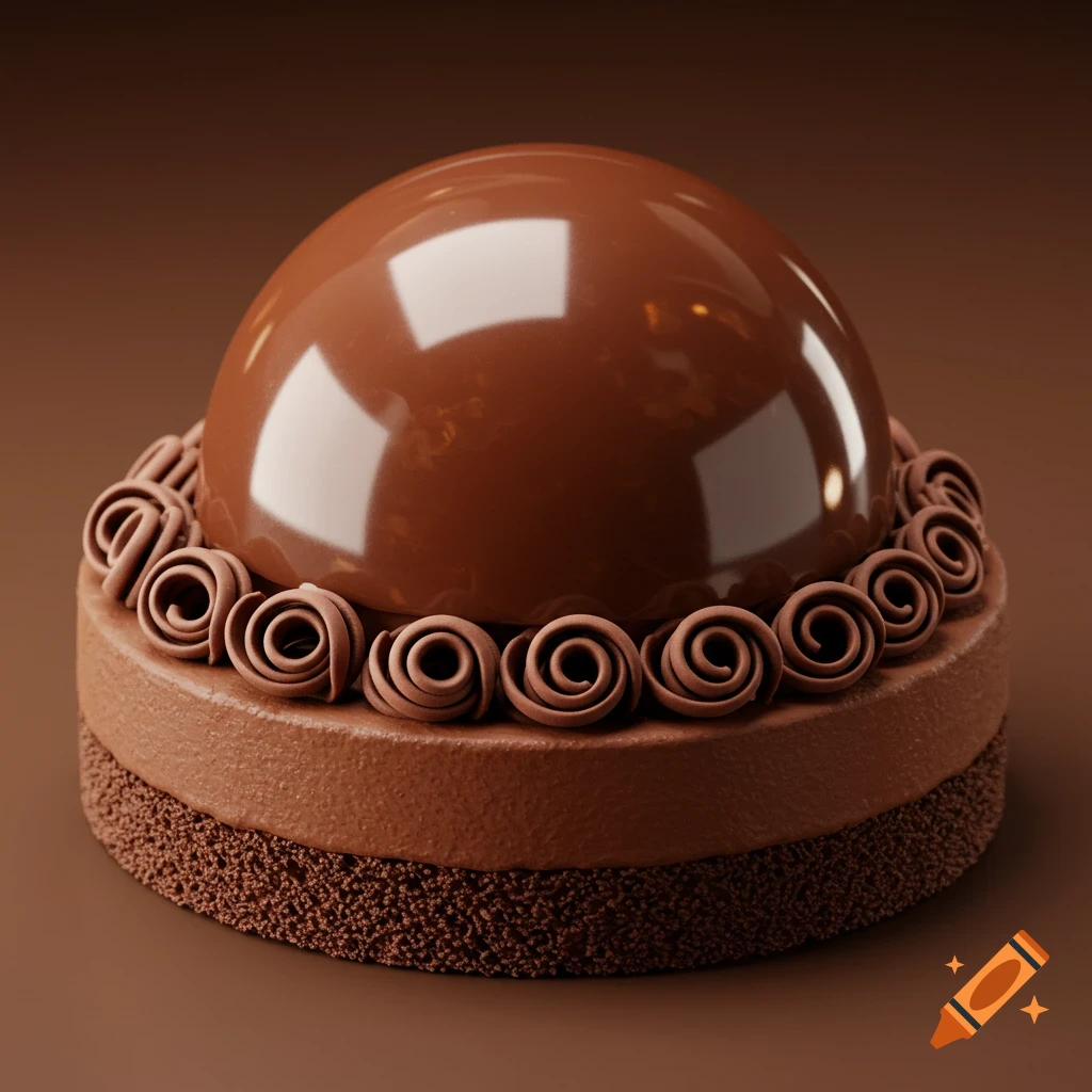 A detailed chocolate cake with a shiny dome top and chocolate swirl decorations.