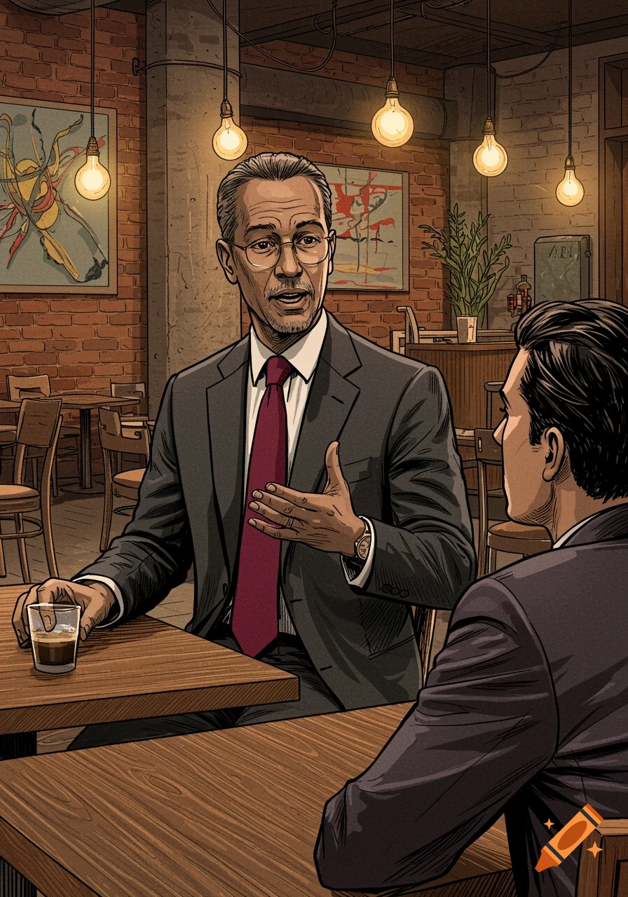 Two men in suits sit at a cafe table, one gesturing while talking to the other, in a detailed comic book illustration style.