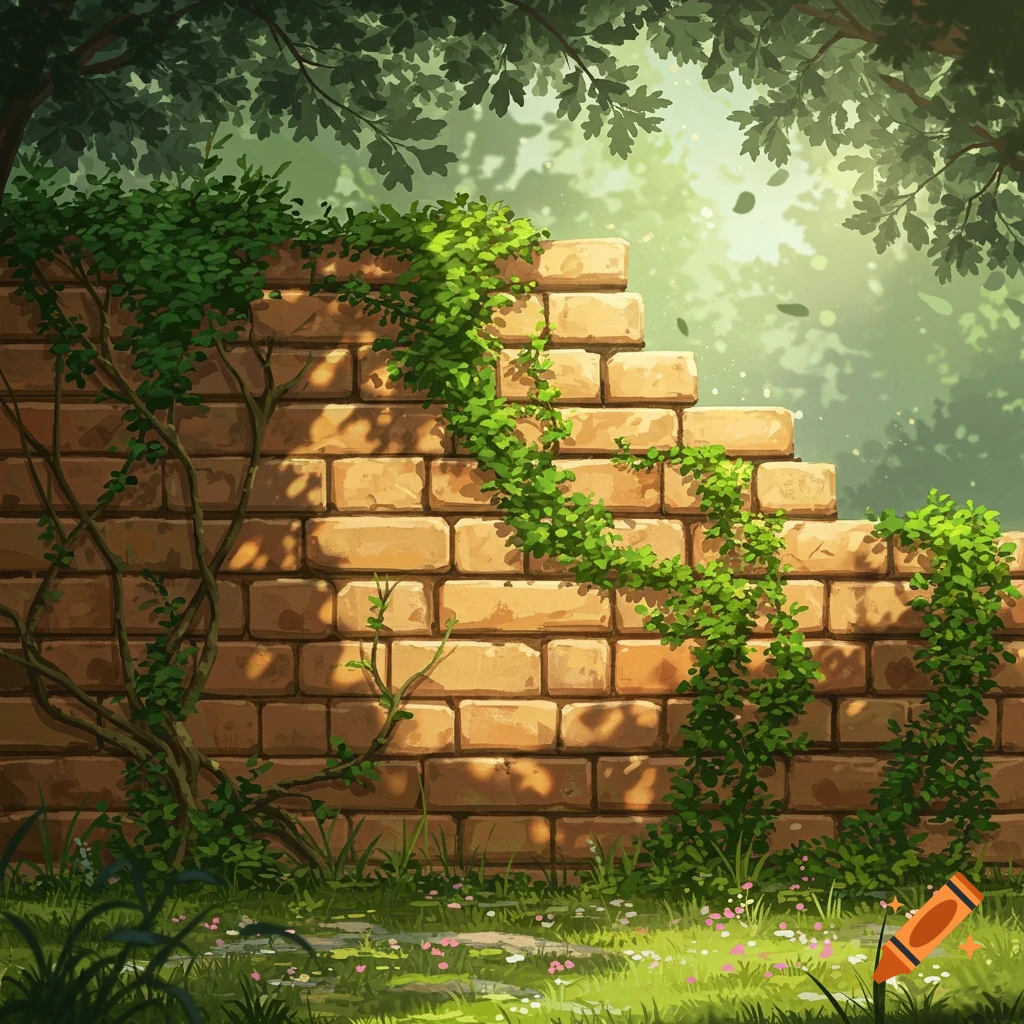 A sunny brick wall covered in green ivy and other plants, with trees overhead, in a painterly garden scene.