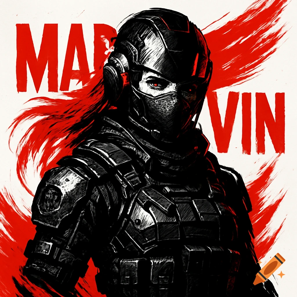 Stylized black and red portrait of a futuristic soldier with glowing red eyes and the word 'MARVIN' in the background.