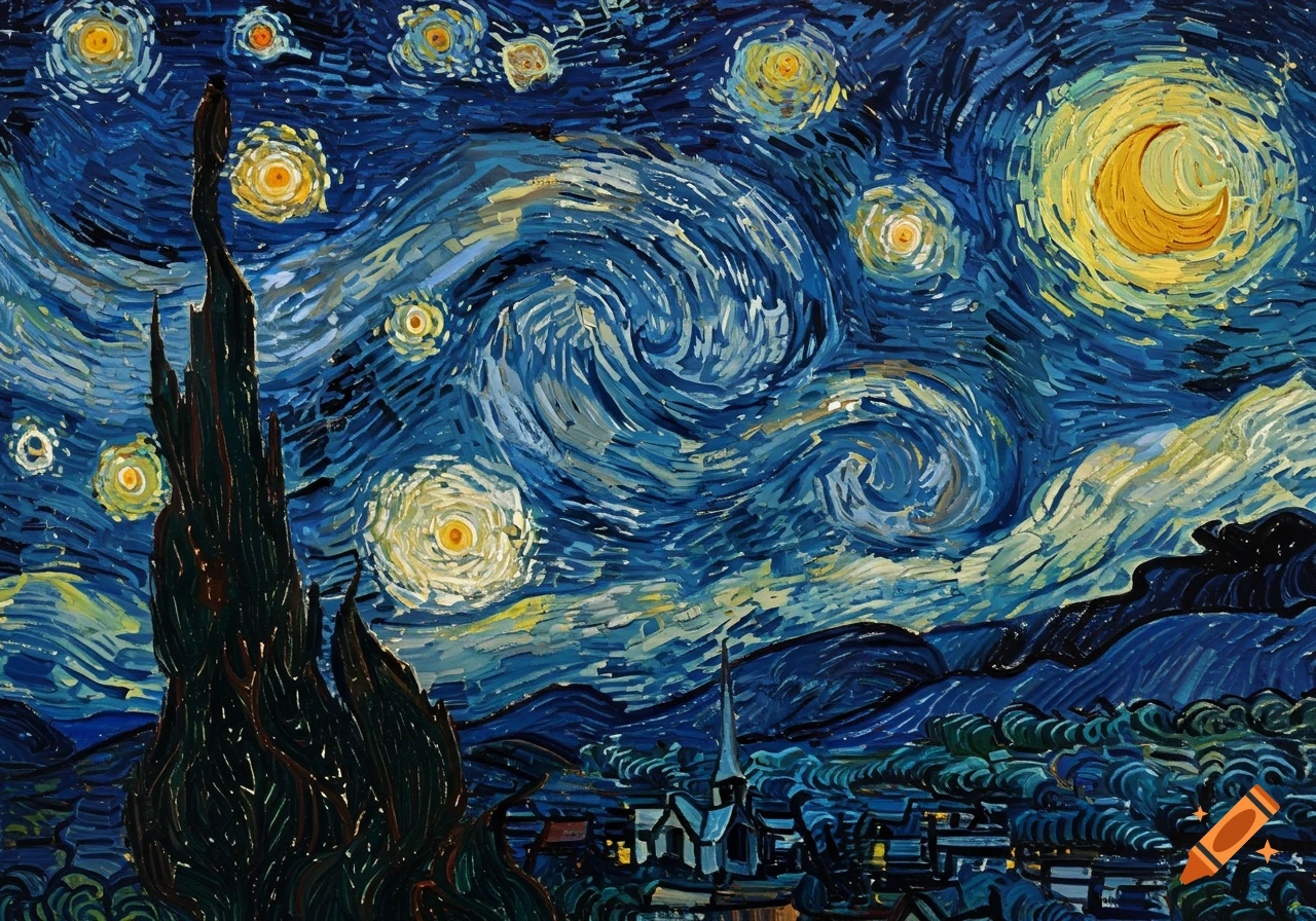 A vibrant painting in Van Gogh's style depicts a swirling blue night sky with bright yellow stars and a crescent moon, above a dark village with a tall cypress tree.